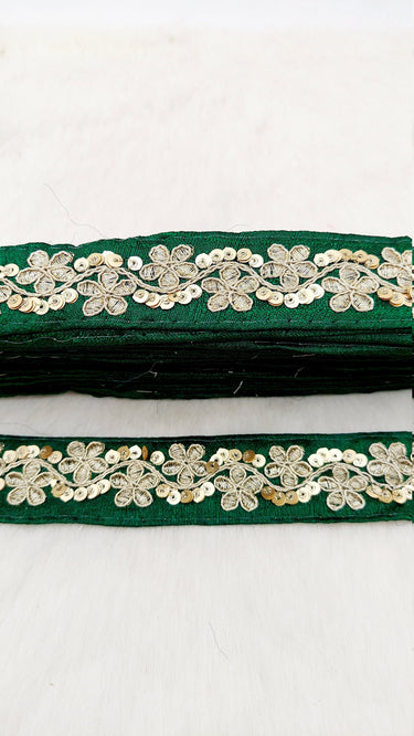 Art Silk Fabric Trim With Gold Floral Embroidery, Floral Sequins Sari Border, Trim By 3 Yards